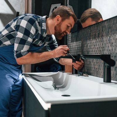 Side view. Fixing water tap. Plumber in blue uniform is at work in the bathroom.
